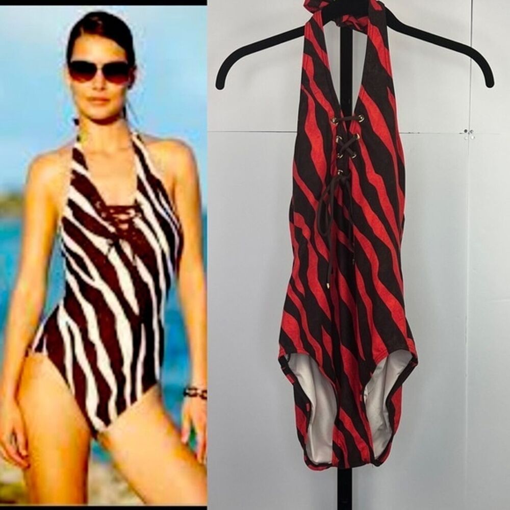 MICHAEL KORS Womens One Piece Swimsuit Size 6 Red Black Zebra Lace Up Halter Tie